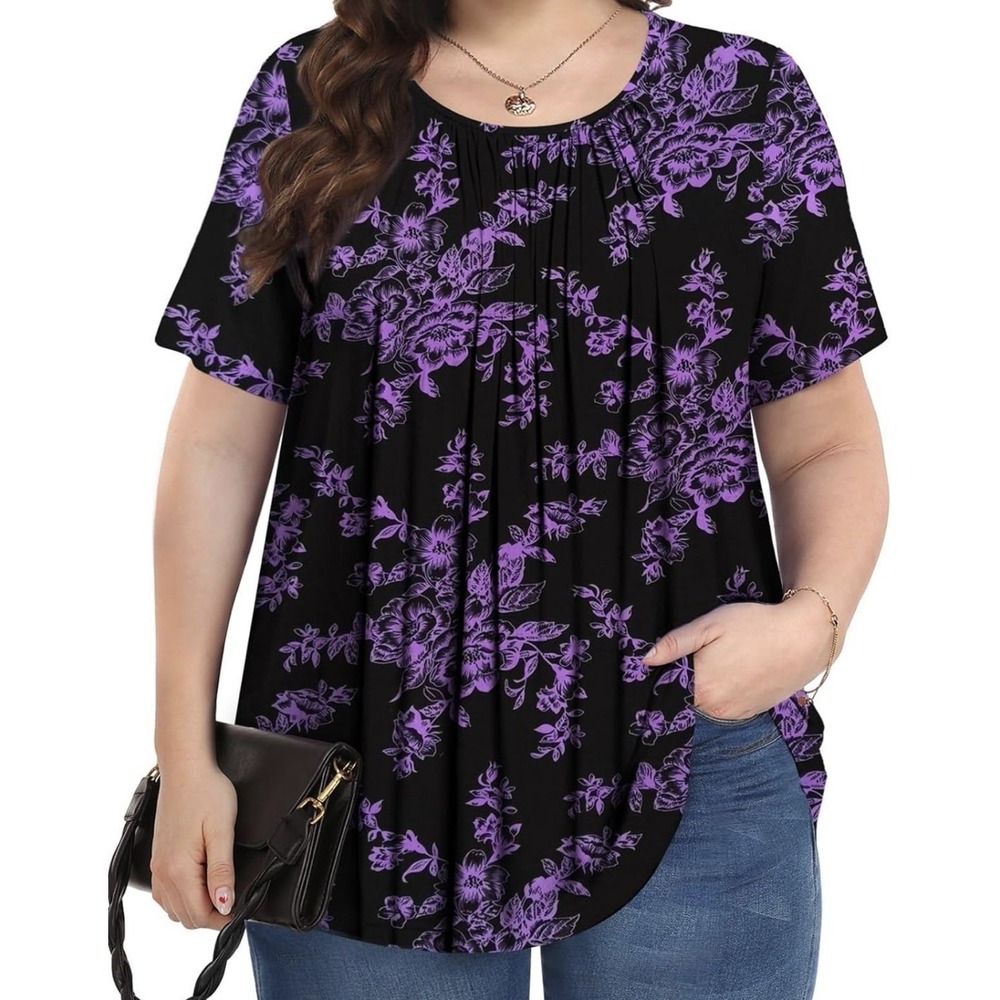 DOLNINE Womens Plus 2XL Black Purple Floral Pleated Short Sleeve Top TXZ-T1001A